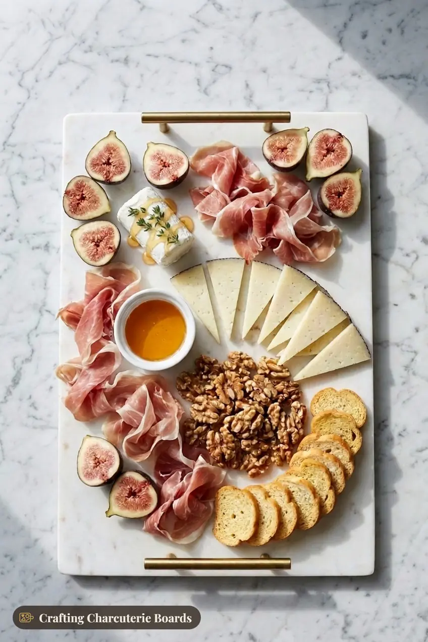 Fig and prosciutto board with fresh figs, honey goat cheese, manchego, walnuts and baguette crisps