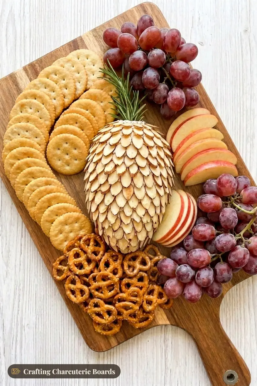 Pinecone cheese ball covered in toasted sliced almonds on a board with crackers, pretzels, apples and grapes