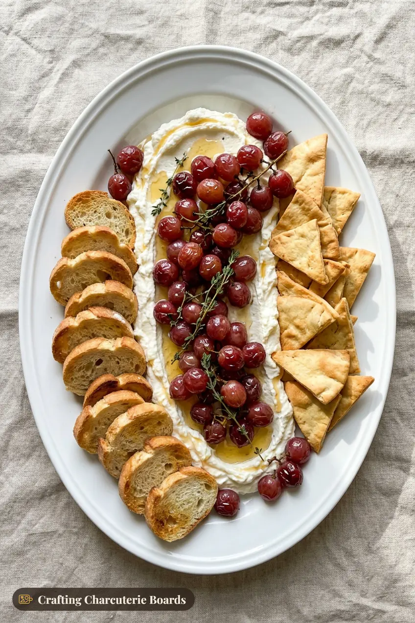Whipped feta topped with roasted grapes, honey and thyme on a platter with baguette slices and pita chips