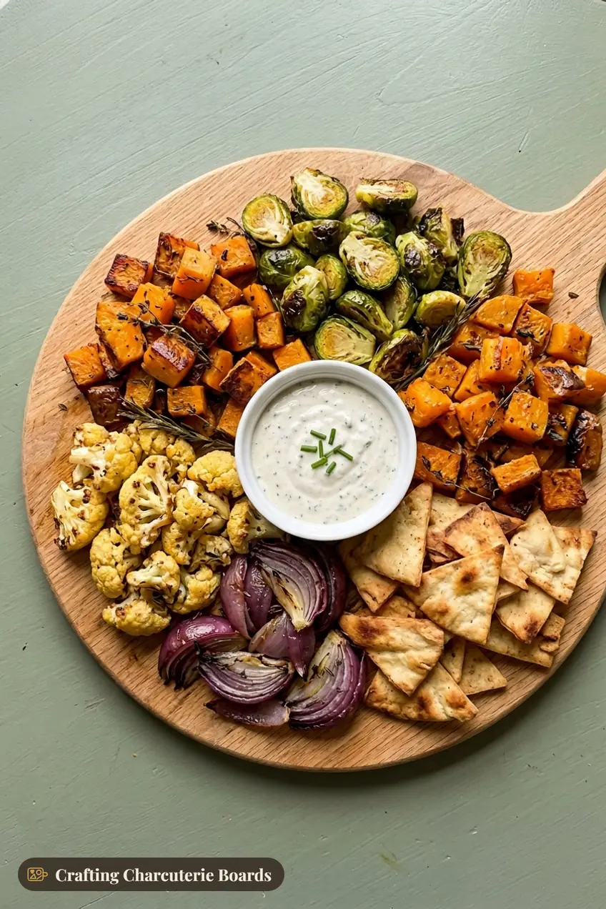 Roasted fall vegetable board with butternut squash, Brussels sprouts, cauliflower, red onion and garlic herb dip
