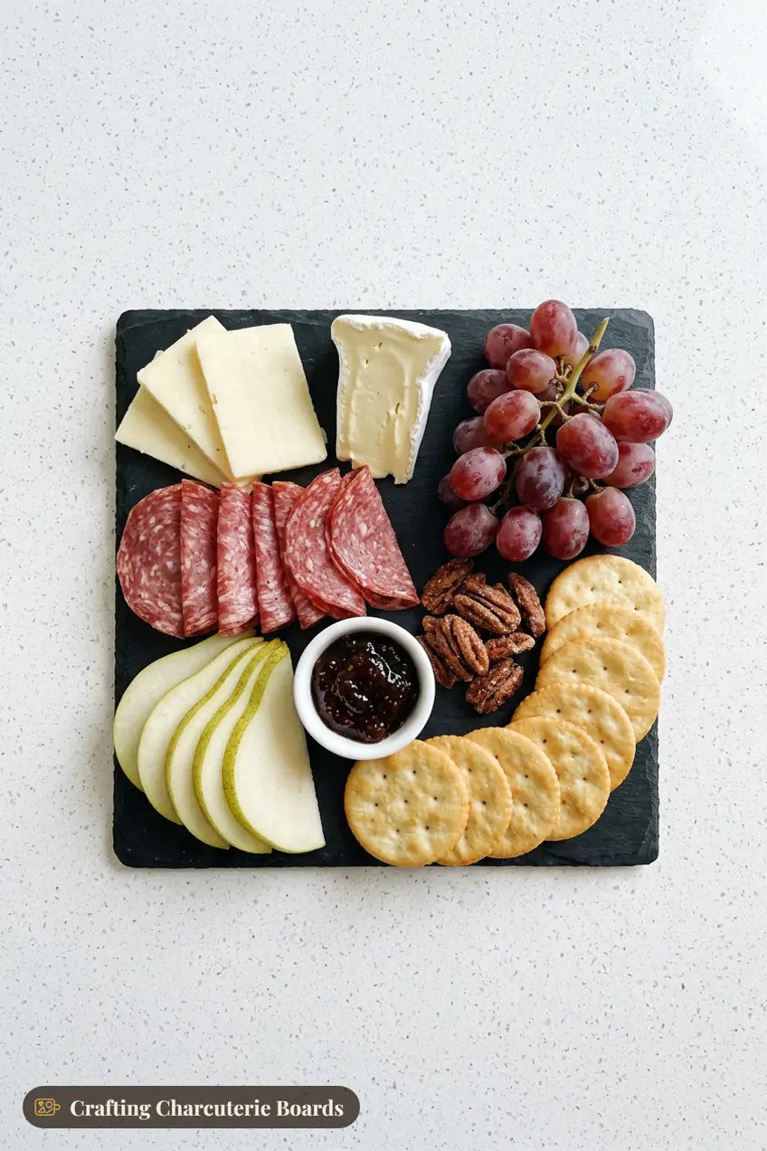 Small fall charcuterie board for two with cheddar, brie, salami, pear slices, grapes and fig jam
