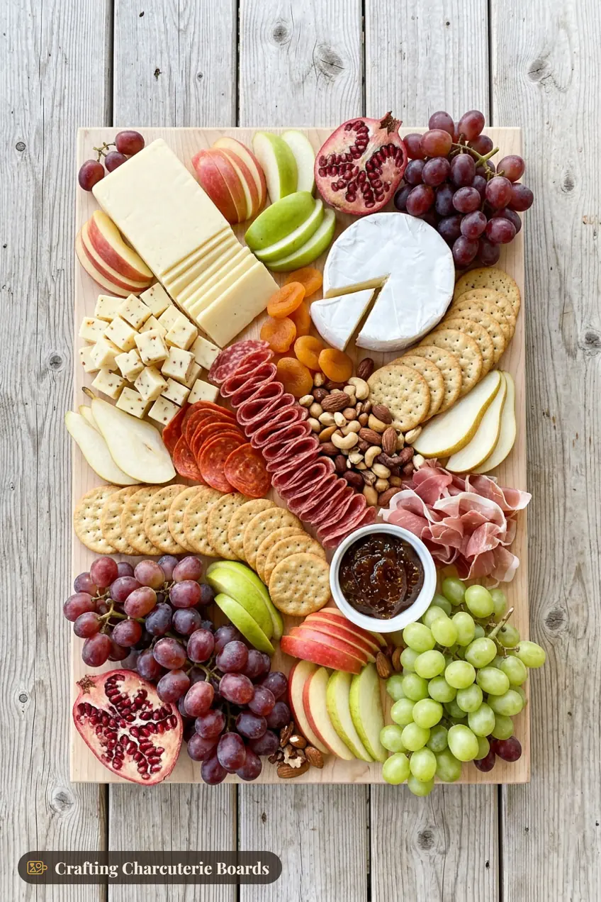 Large fall grazing board with three cheeses, salami, pepperoni, prosciutto, apples, pears, grapes and pomegranate