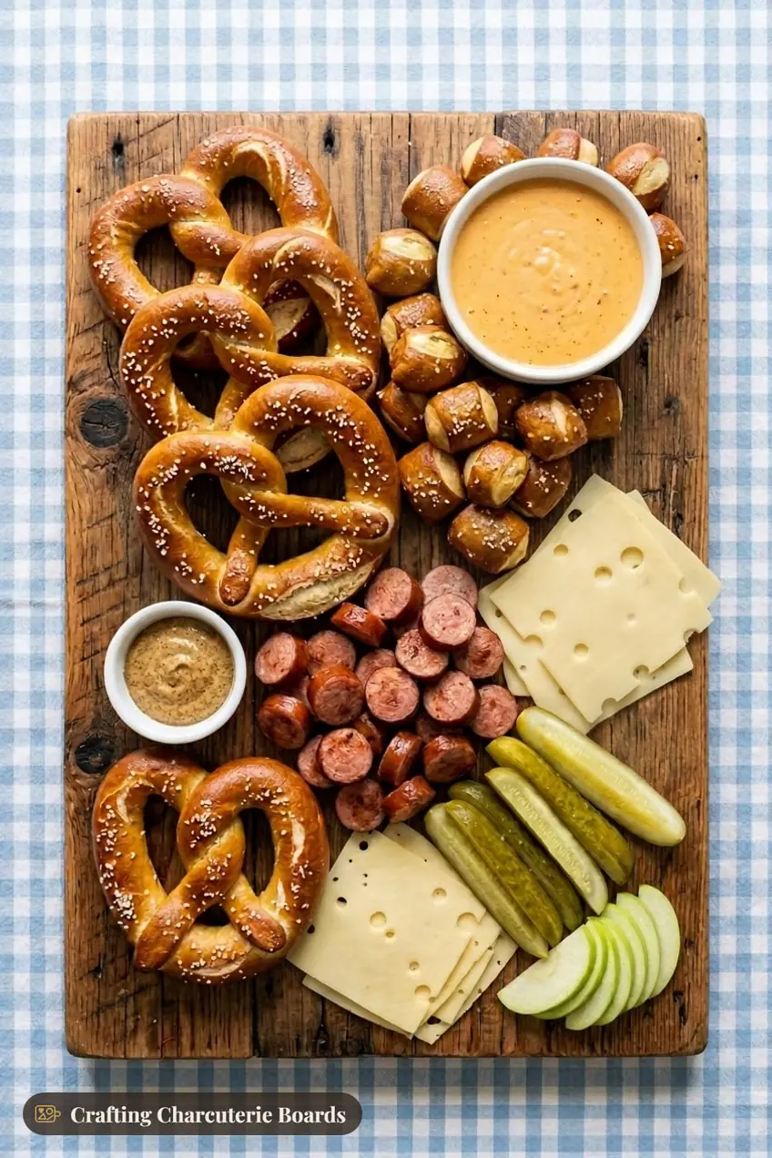 Oktoberfest pretzel board with soft pretzels, beer cheese, mustard, smoked sausage, Swiss cheese and pickles