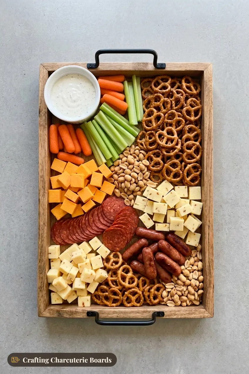 Game day fall snack board with cheese cubes, pepperoni, cocktail sausages, ranch, veggies, pretzels and peanuts