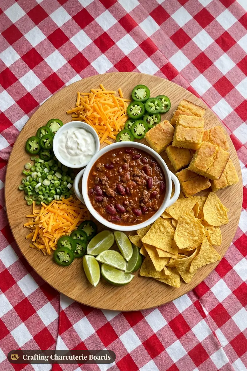 Chili bar board with a bowl of chili, sour cream, cheddar, green onions, jalapenos, cornbread and tortilla chips