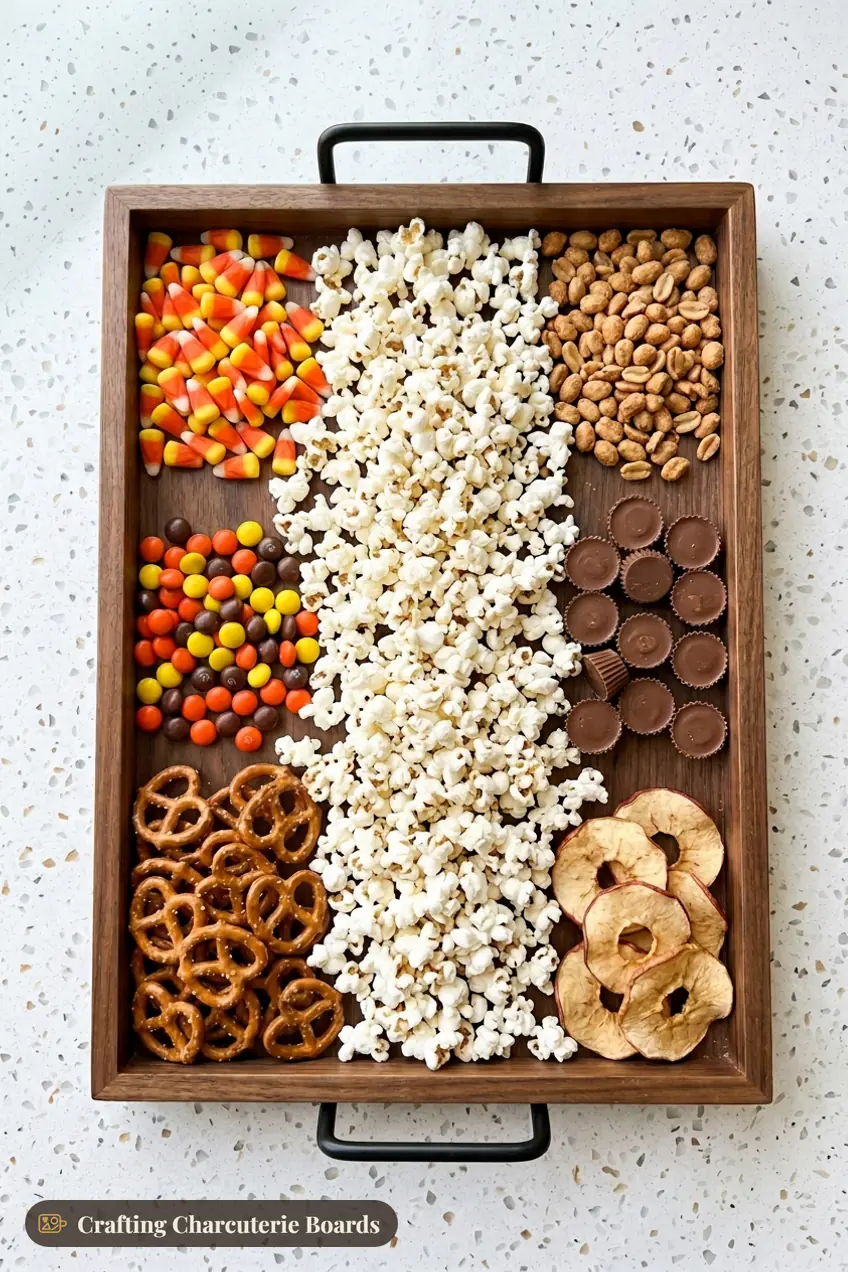 Fall movie night popcorn board with candy corn, chocolate candies, pretzels, peanuts and peanut butter cups