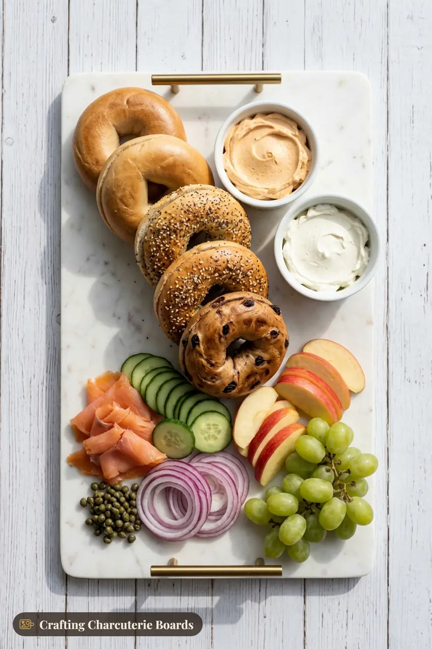 Fall bagel brunch board with pumpkin cream cheese, smoked salmon, cucumber, red onion, capers and apples