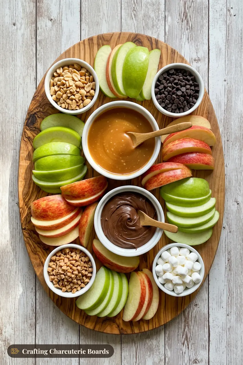 Caramel apple bar board with apple wedges, caramel dip, chocolate spread, peanuts, toffee and mini marshmallows
