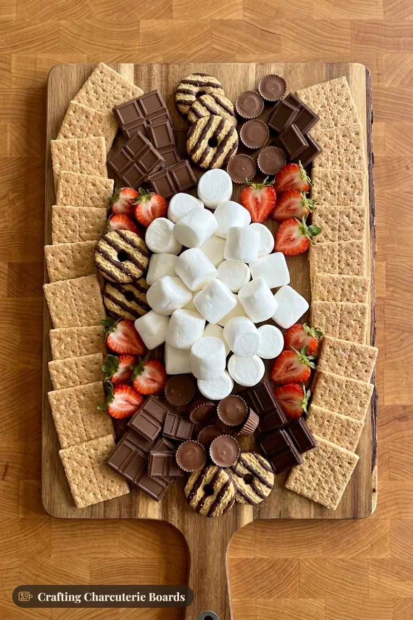 S'mores board with graham crackers, marshmallows, milk and dark chocolate, peanut butter cups and strawberries