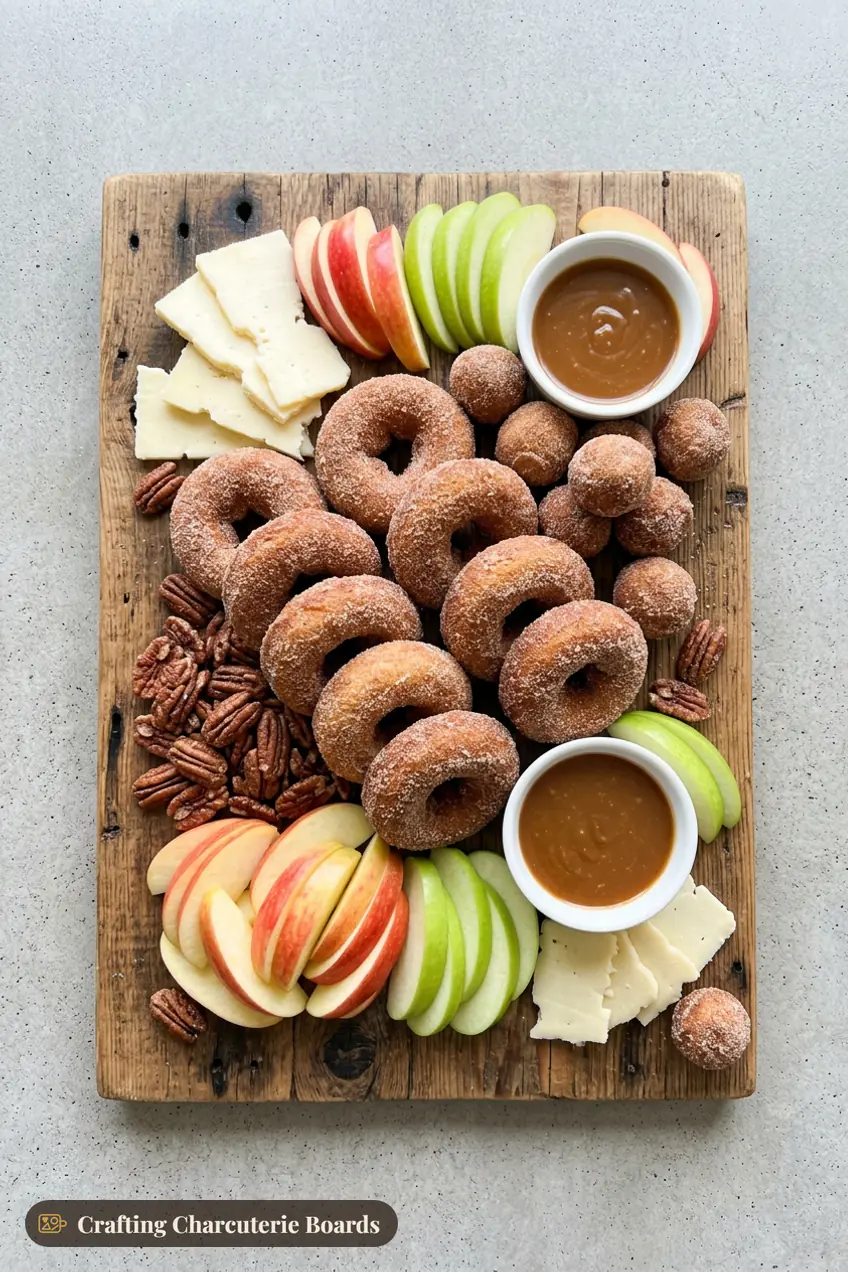 Apple cider donut board with donut holes, sharp white cheddar, apple slices, caramel dip and candied pecans