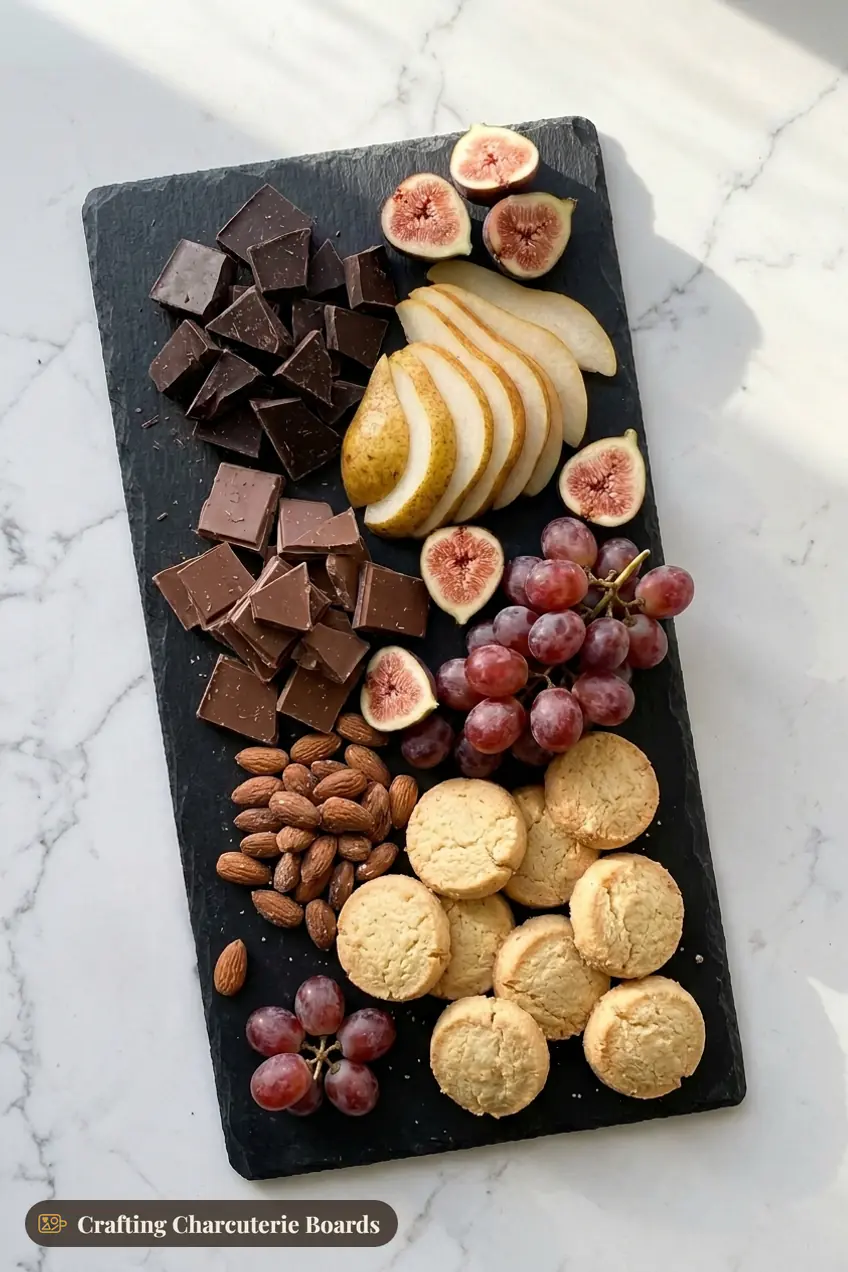 Dark chocolate and pear dessert board with figs, grapes, salted almonds and shortbread cookies