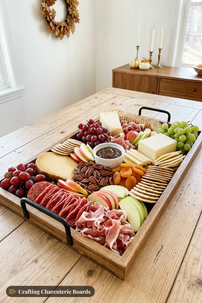 Friendsgiving charcuterie board with cheddar, gouda, salami, prosciutto, apples, grapes, crackers and fig jam on a dining table