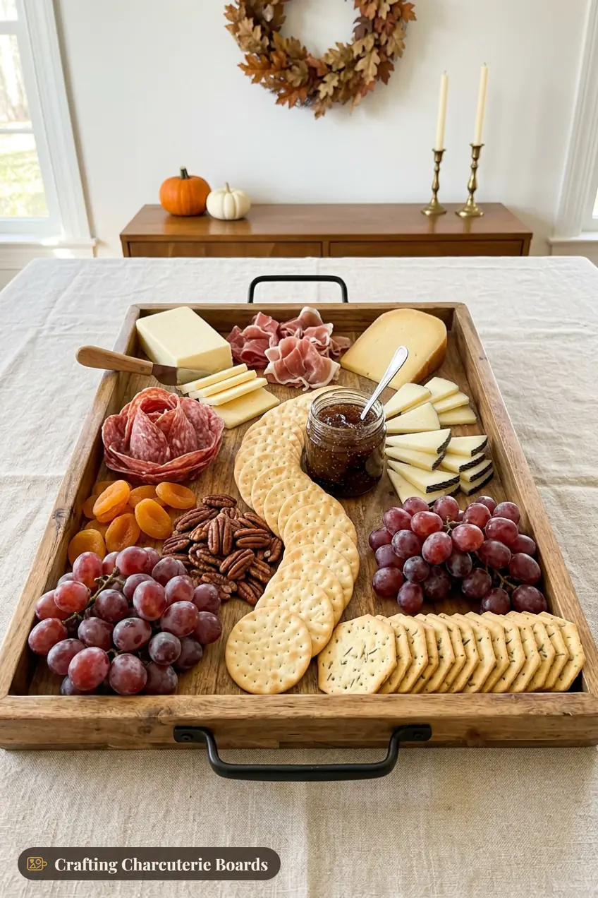 Friendsgiving charcuterie tray with cheddar, gouda, manchego, salami, prosciutto, grapes, apricots, pecans and fig jam