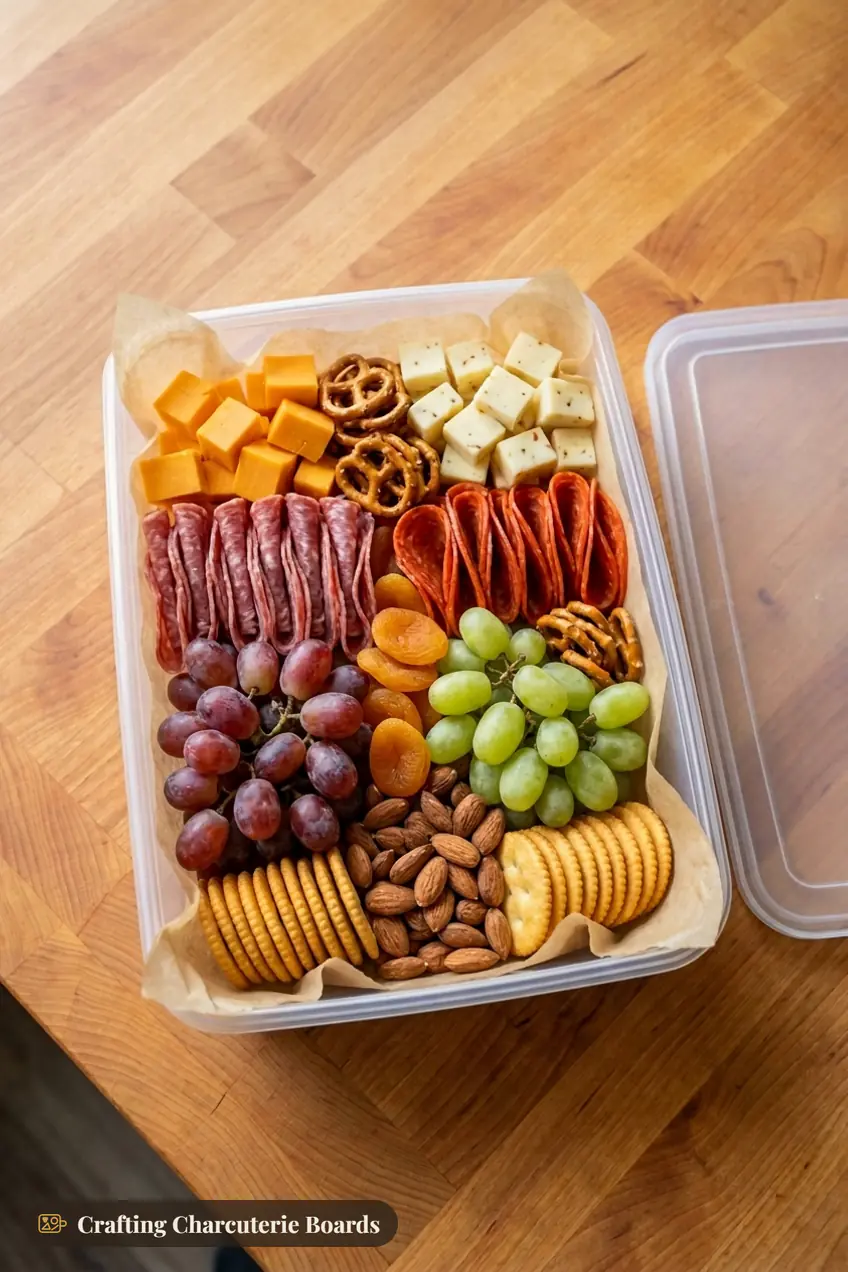 Charcuterie box packed for travel with cheese cubes, salami, pepperoni, grapes, apricots, almonds, pretzels and crackers