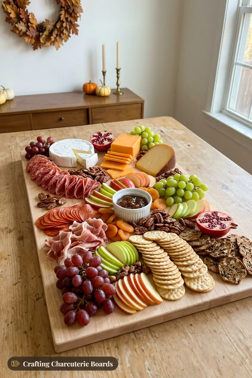 Friendsgiving grazing board for 12 with three cheeses, salami, pepperoni, prosciutto, apples, grapes and pomegranate