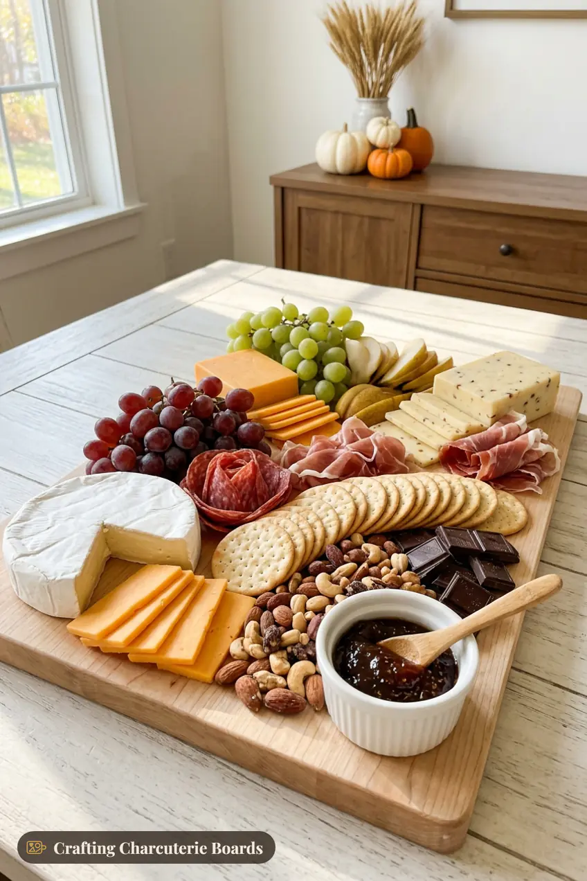 Shared Friendsgiving charcuterie board with cheddar, pepper jack, brie, salami, prosciutto, grapes, pears and chocolate
