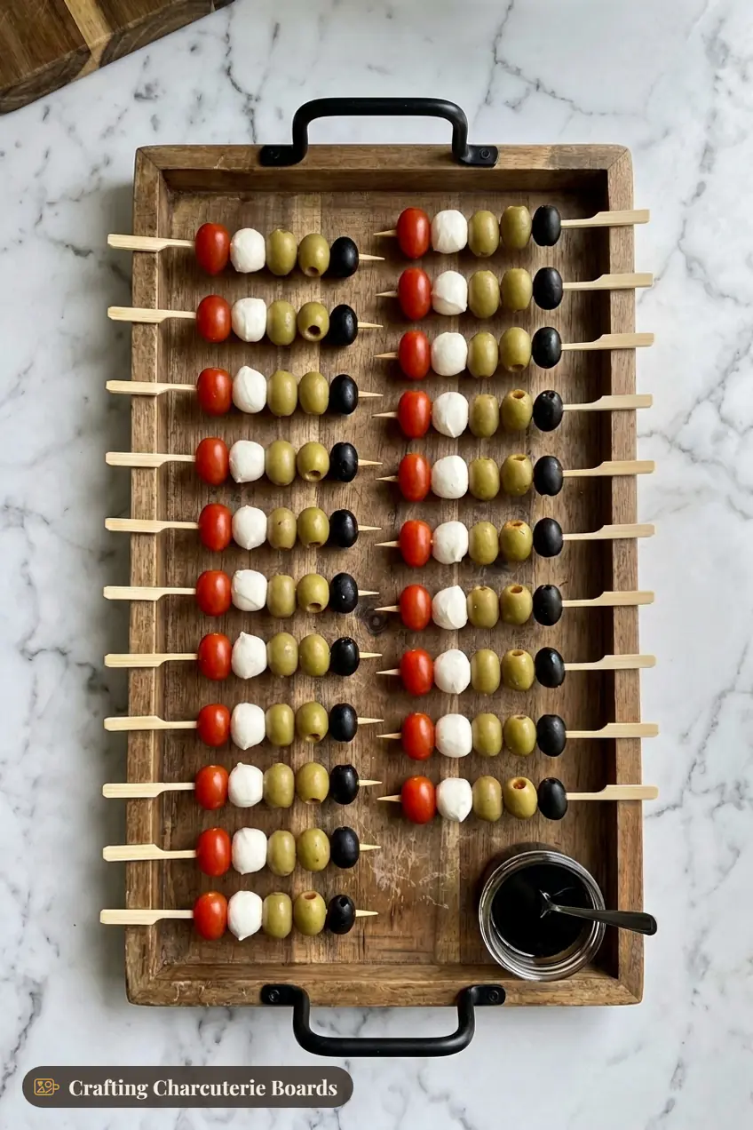 Antipasto skewer board with cherry tomato, mozzarella and olive skewers and balsamic glaze