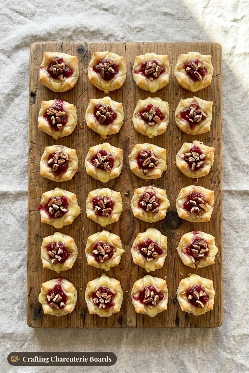 Cranberry brie bites made with puff pastry cups, melted brie, cranberry sauce and pecans