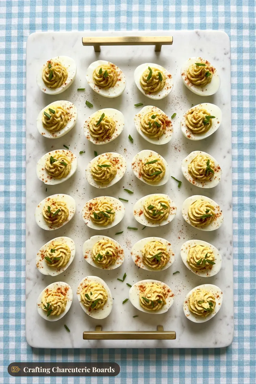 Deviled egg board with 24 deviled eggs topped with smoked paprika and green onion