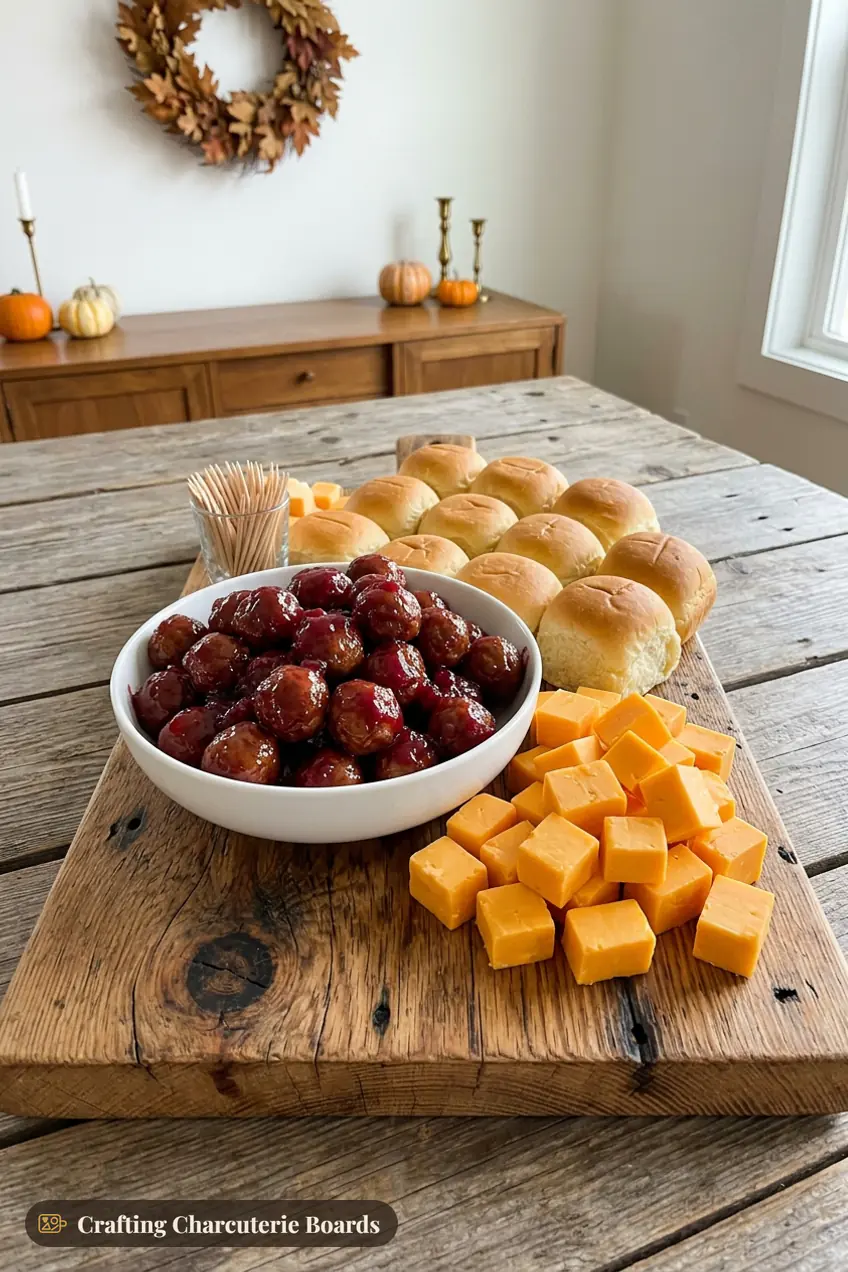 Cranberry meatball board with glazed cocktail meatballs, slider rolls and cheddar cubes