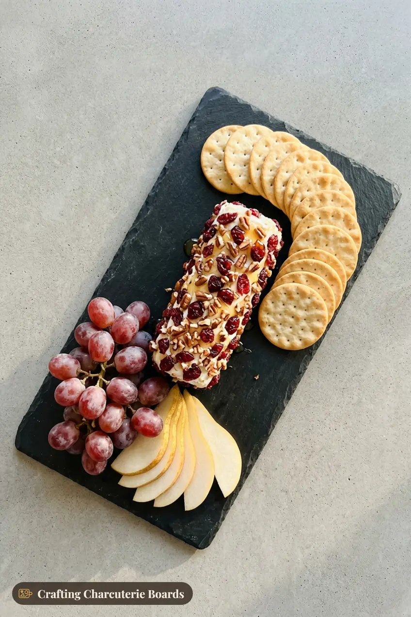 Goat cheese log rolled in cranberries and pecans with honey, pear slices, grapes and crackers