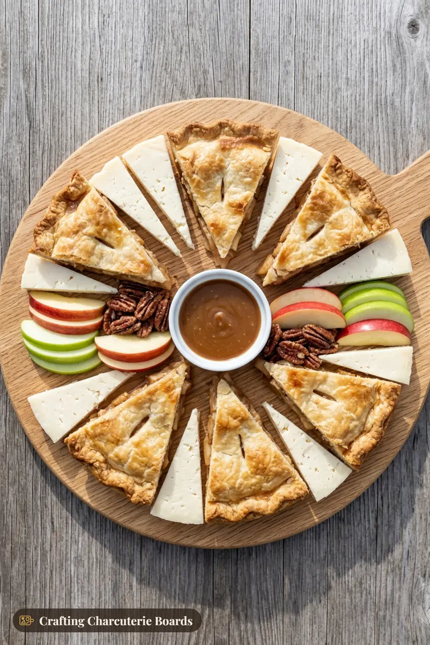 Apple pie and cheddar board with pie slices, sharp white cheddar, apple slices, caramel and pecans