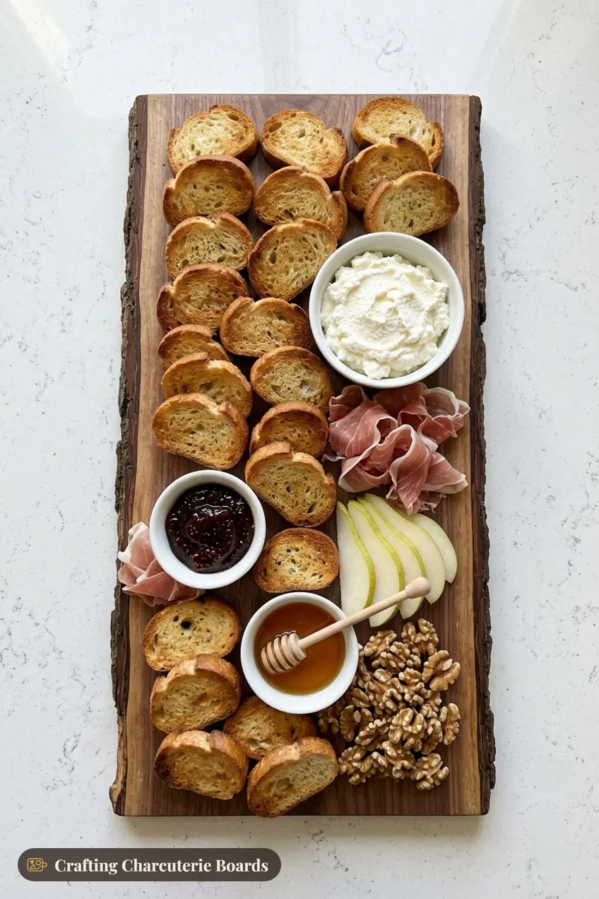 Crostini bar board with toasted baguette, whipped ricotta, fig jam, honey, prosciutto, pears and walnuts