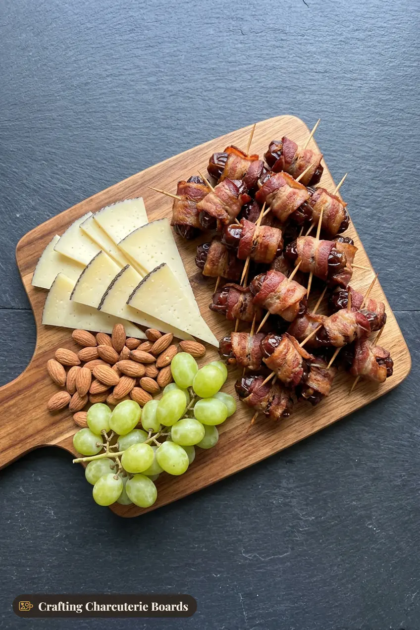 Bacon-wrapped dates on a board with manchego, almonds and green grapes