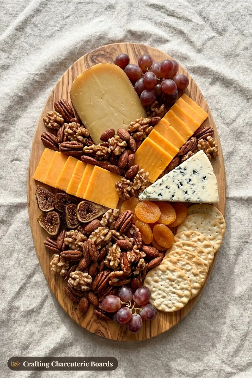 Maple spiced nuts on a cheese board with gouda, cheddar, blue cheese, dried apricots, figs and crackers