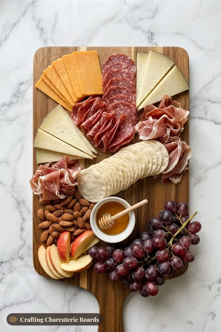 Gluten-free charcuterie board with cheddar, manchego, salami, prosciutto, rice crackers, grapes and apples