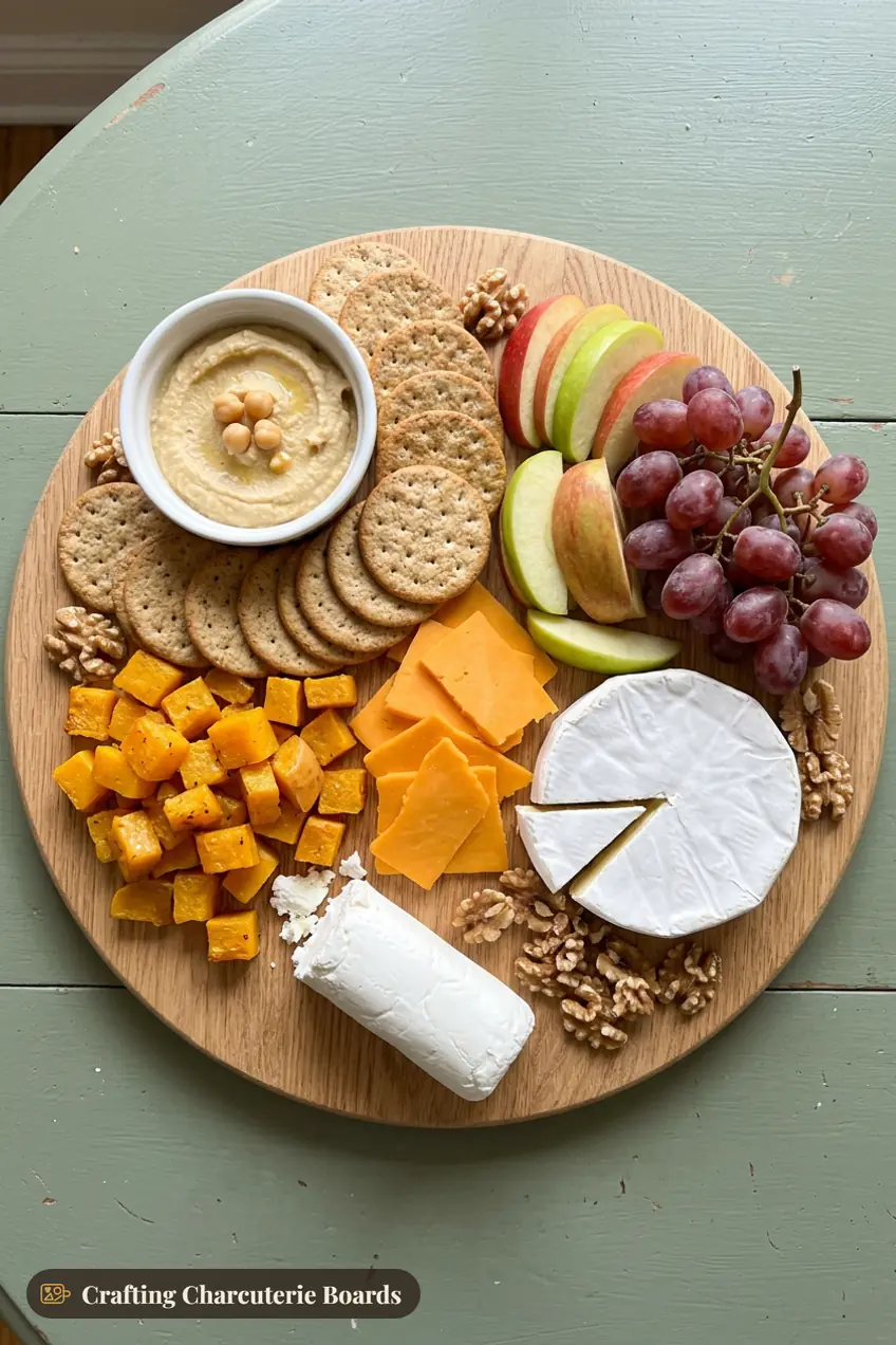 Vegetarian Friendsgiving board with hummus, cheddar, brie, goat cheese, roasted squash, apples, grapes and walnuts