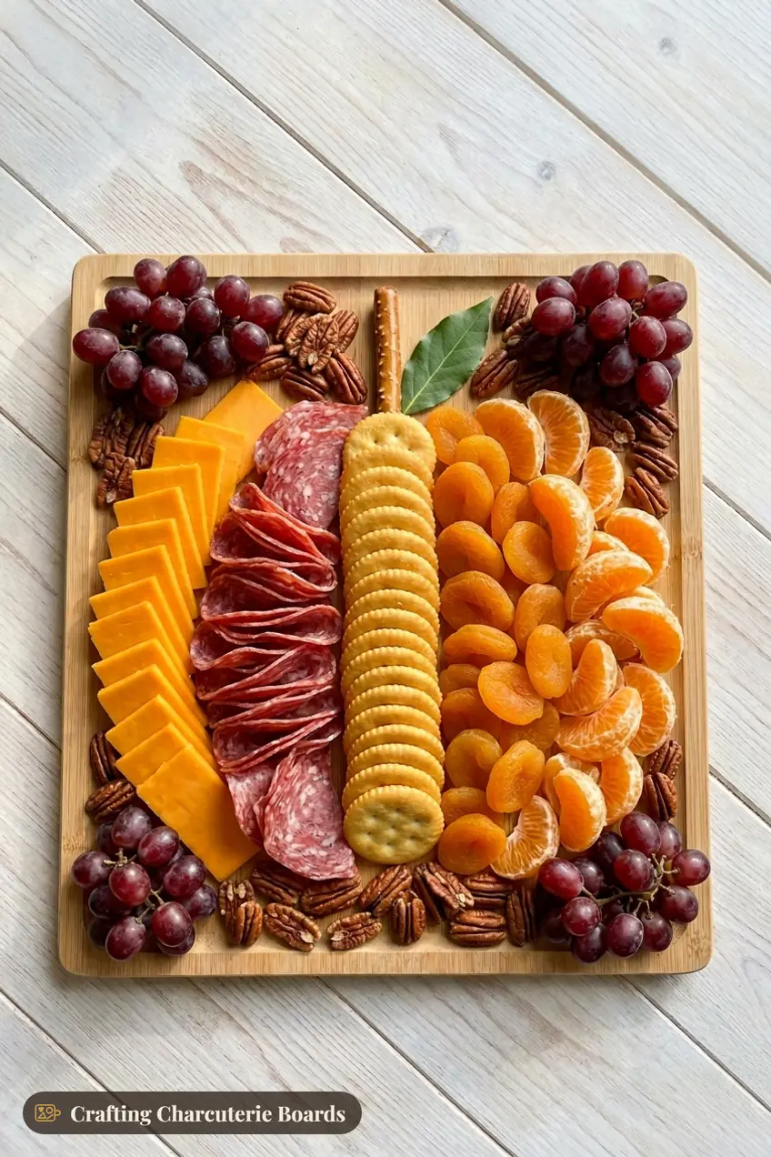Pumpkin charcuterie board with curved rows of cheddar, salami, crackers, dried apricots and clementines and a pretzel stem