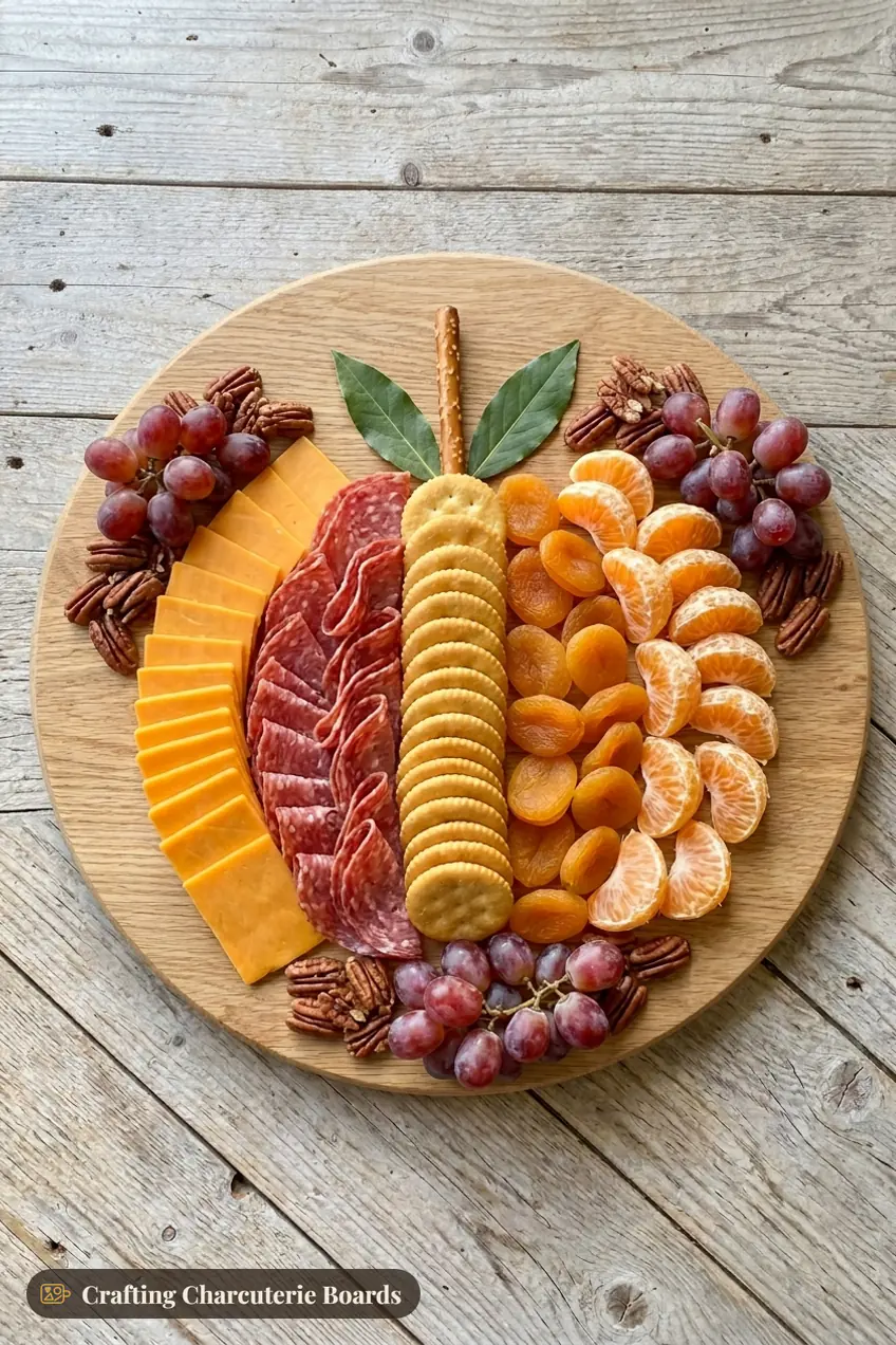 Classic pumpkin charcuterie board with curved rows of cheddar, salami, crackers, apricots and clementines and a pretzel stem