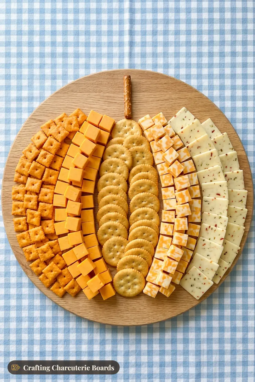 Pumpkin-shaped cheese and cracker board with cheddar cubes, Colby Jack, pepper jack and cheese crackers