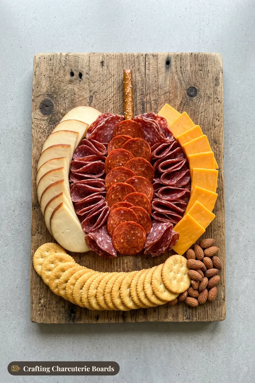 Pumpkin-shaped meat and cheese board with pepperoni, salami, soppressata, cheddar and smoked gouda