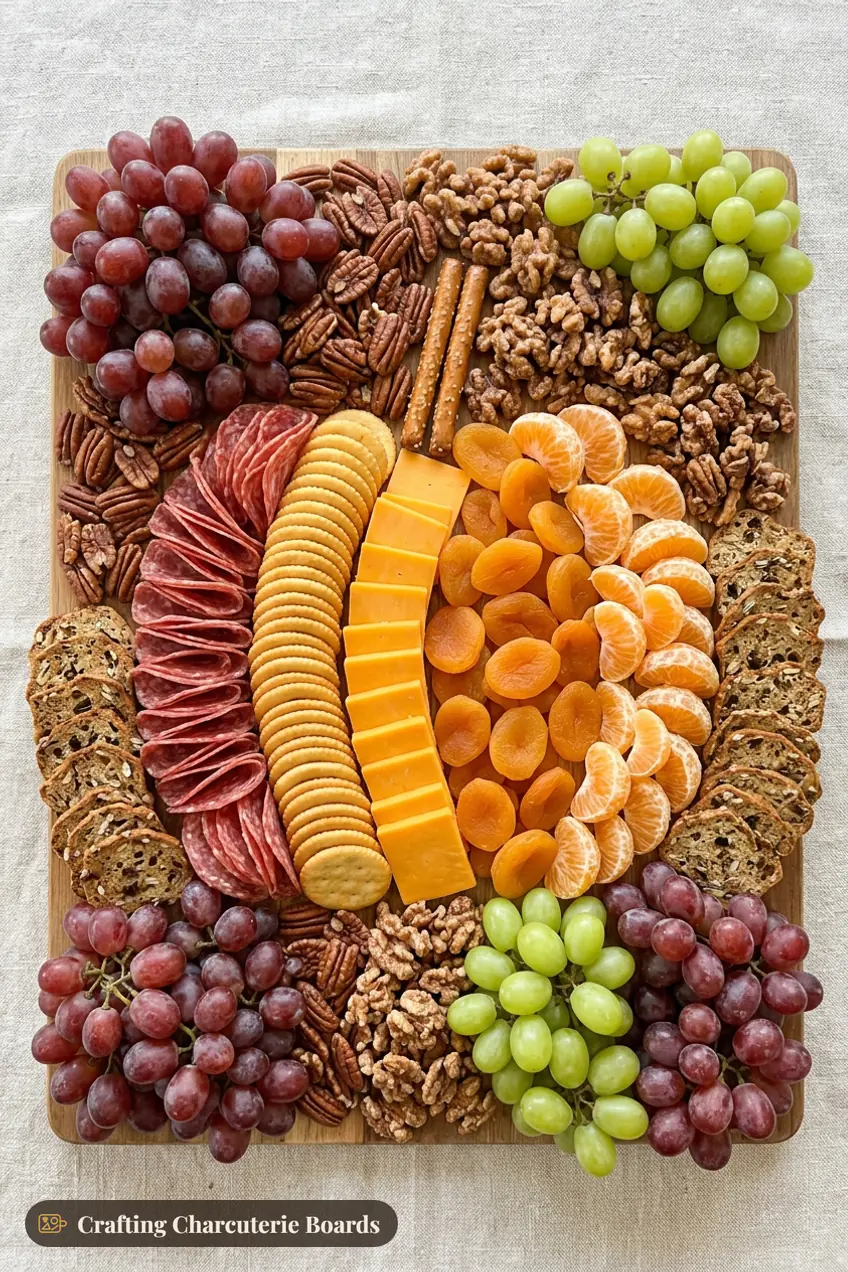 Giant pumpkin grazing board with a pumpkin of cheese, salami, crackers and fruit surrounded by grapes and nuts