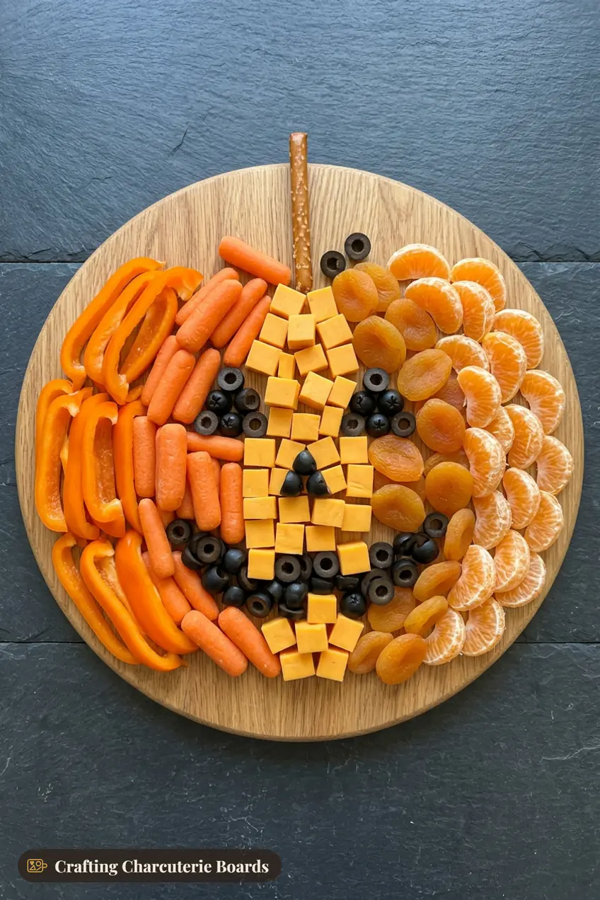 Jack-o-lantern charcuterie board with a pumpkin of orange foods and a black olive face