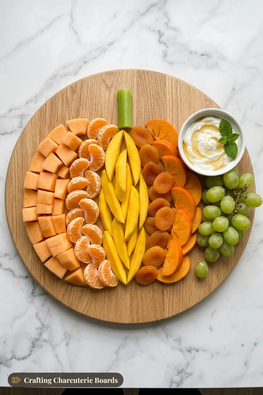 Pumpkin-shaped fruit board with cantaloupe, clementines, mango, apricots and persimmons and a yogurt dip
