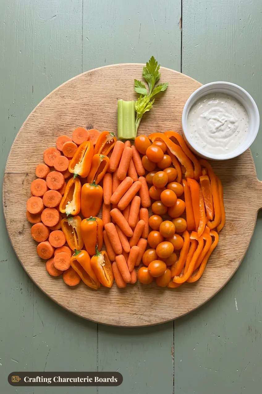 Pumpkin-shaped veggie board with carrots, orange peppers and cherry tomatoes and a bowl of ranch