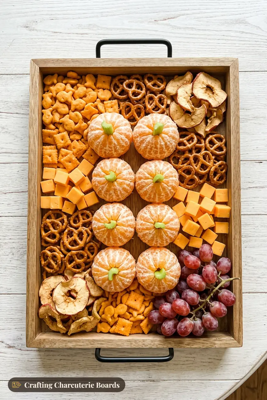 Kids clementine pumpkin patch board with peeled clementines with celery stems, cheese crackers and pretzels