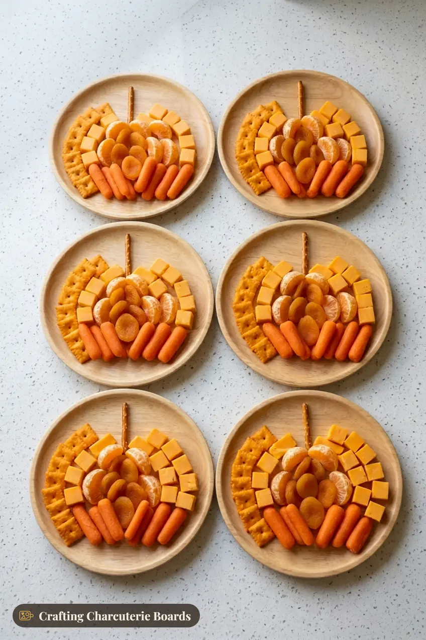 Six mini pumpkin-shaped snack plates with cheese crackers, cheddar cubes, clementines, apricots and carrots