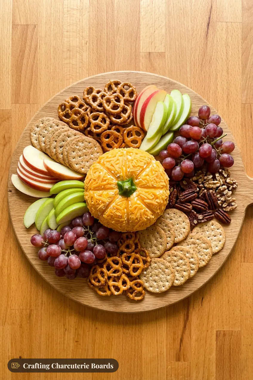 Pumpkin cheese ball coated in shredded cheddar with a bell pepper stem on a board with crackers and apples