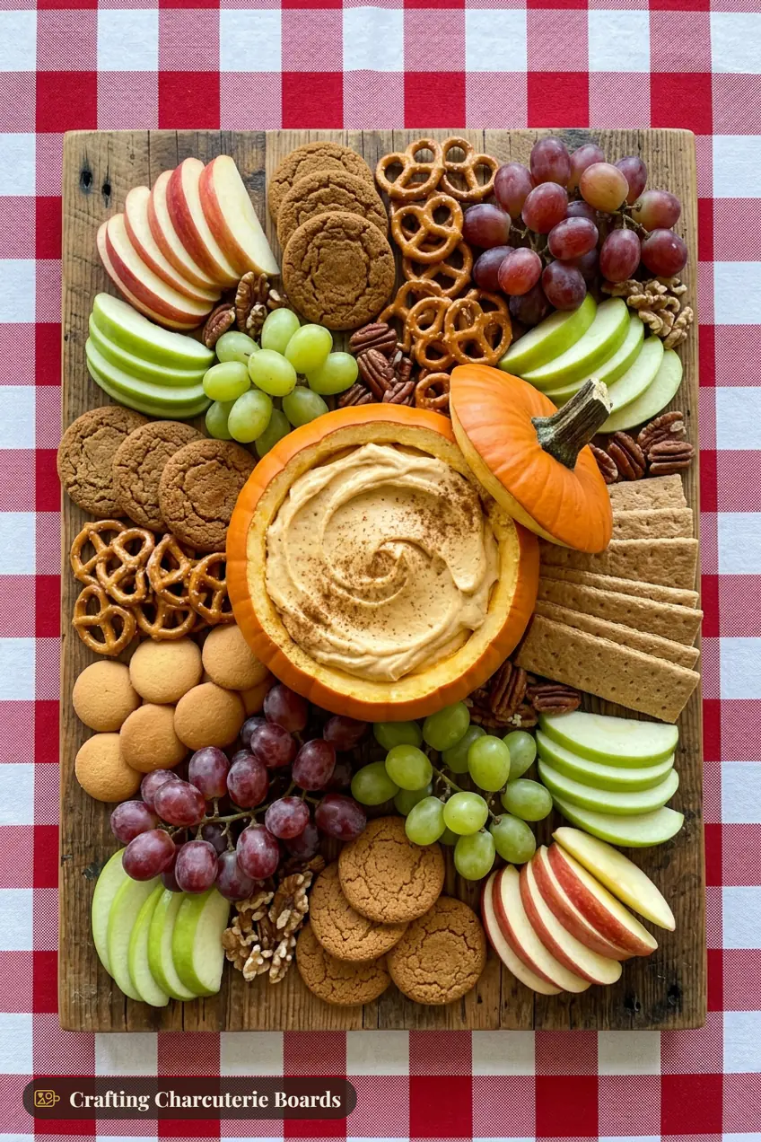 Hollowed pie pumpkin filled with sweet pumpkin cream cheese dip with apples, gingersnaps, pretzels and vanilla wafers