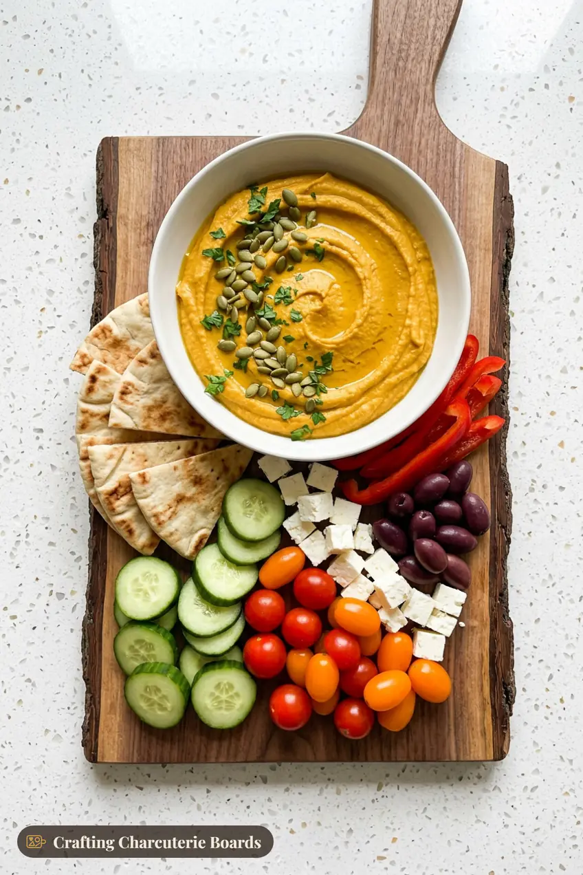 Pumpkin hummus board with pita wedges, cucumber, bell pepper, cherry tomatoes, feta and olives