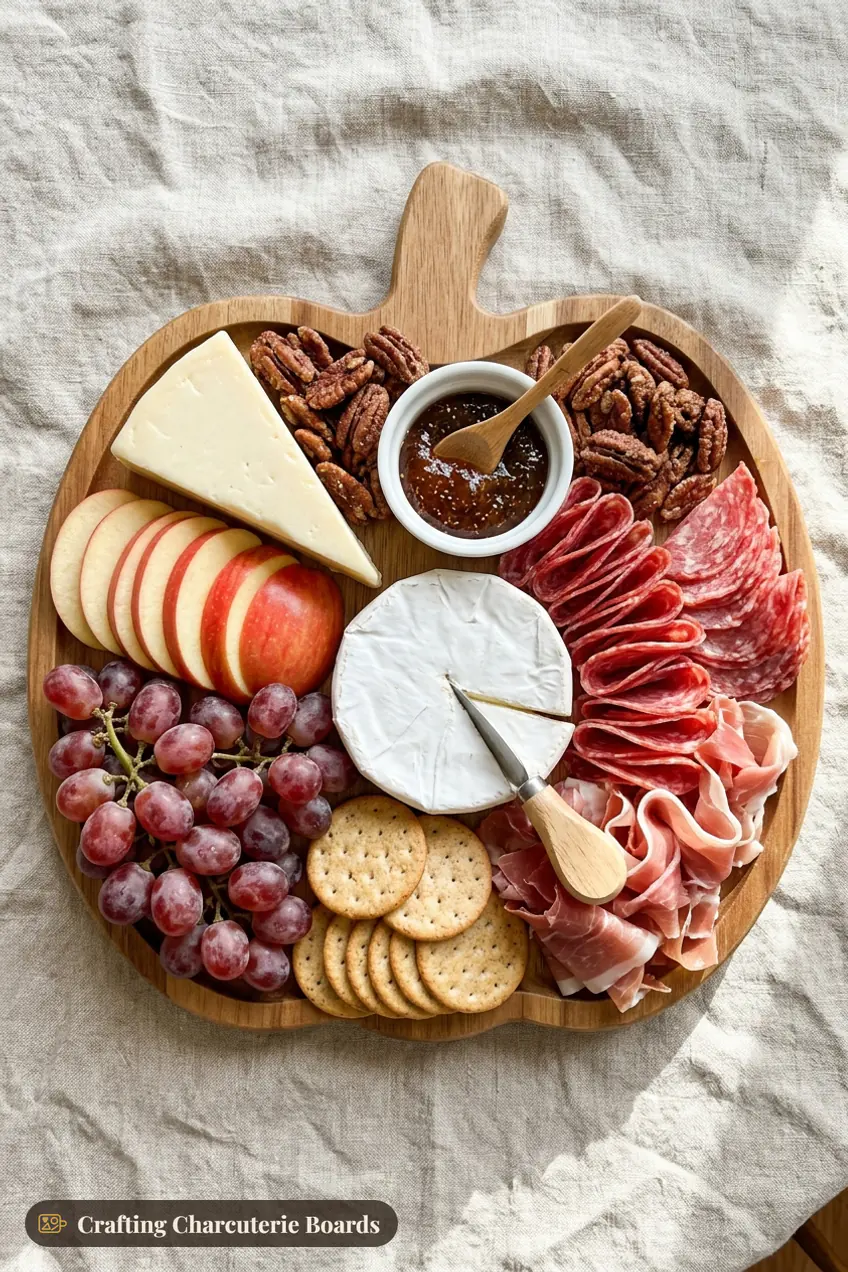 Fall charcuterie on a pumpkin-shaped wooden board with cheddar, brie, salami, prosciutto, apples and grapes