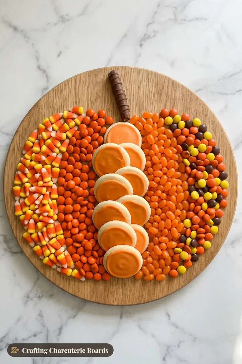 Pumpkin-shaped dessert board made of candy corn, orange chocolate candies, iced cookies and peanut butter candies