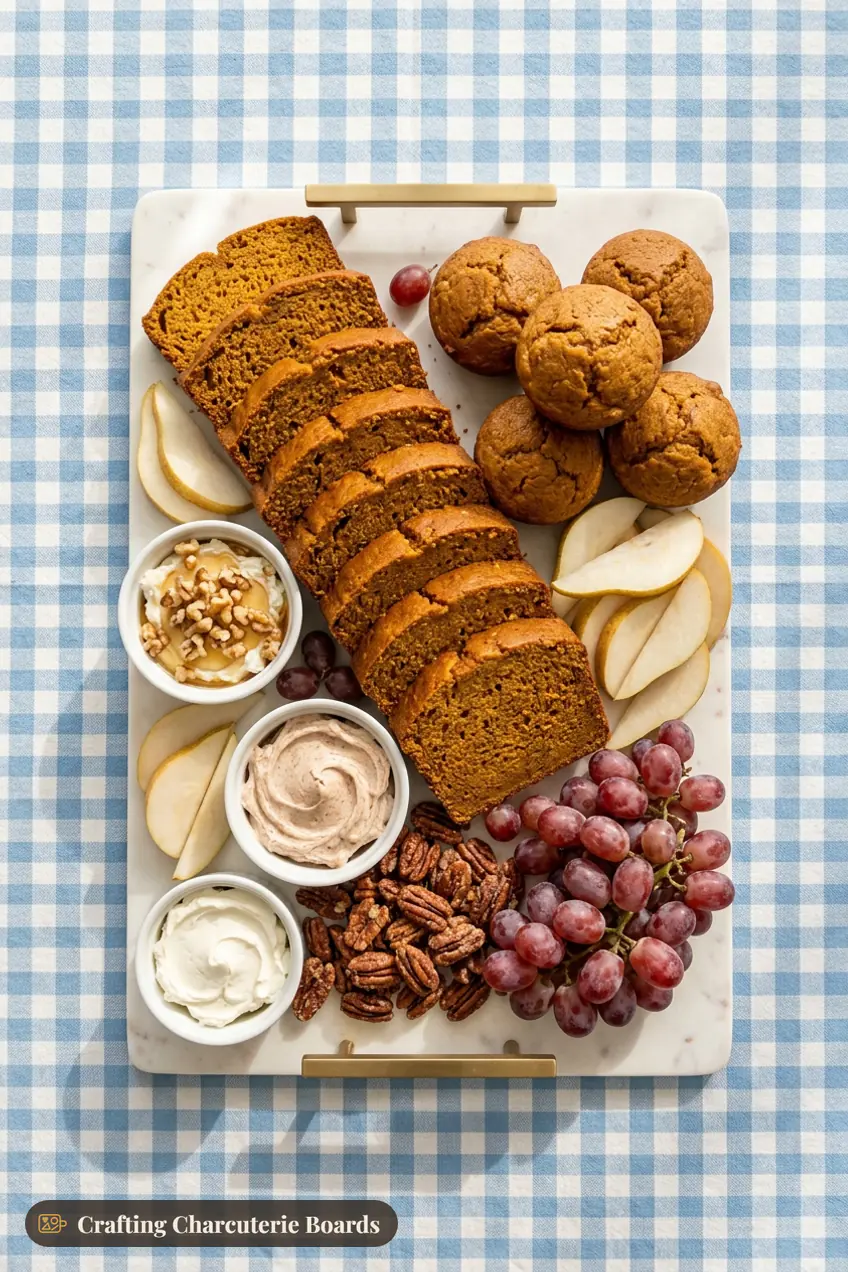 Pumpkin bread and muffins with three cream cheese spreads, pears, grapes and candied pecans