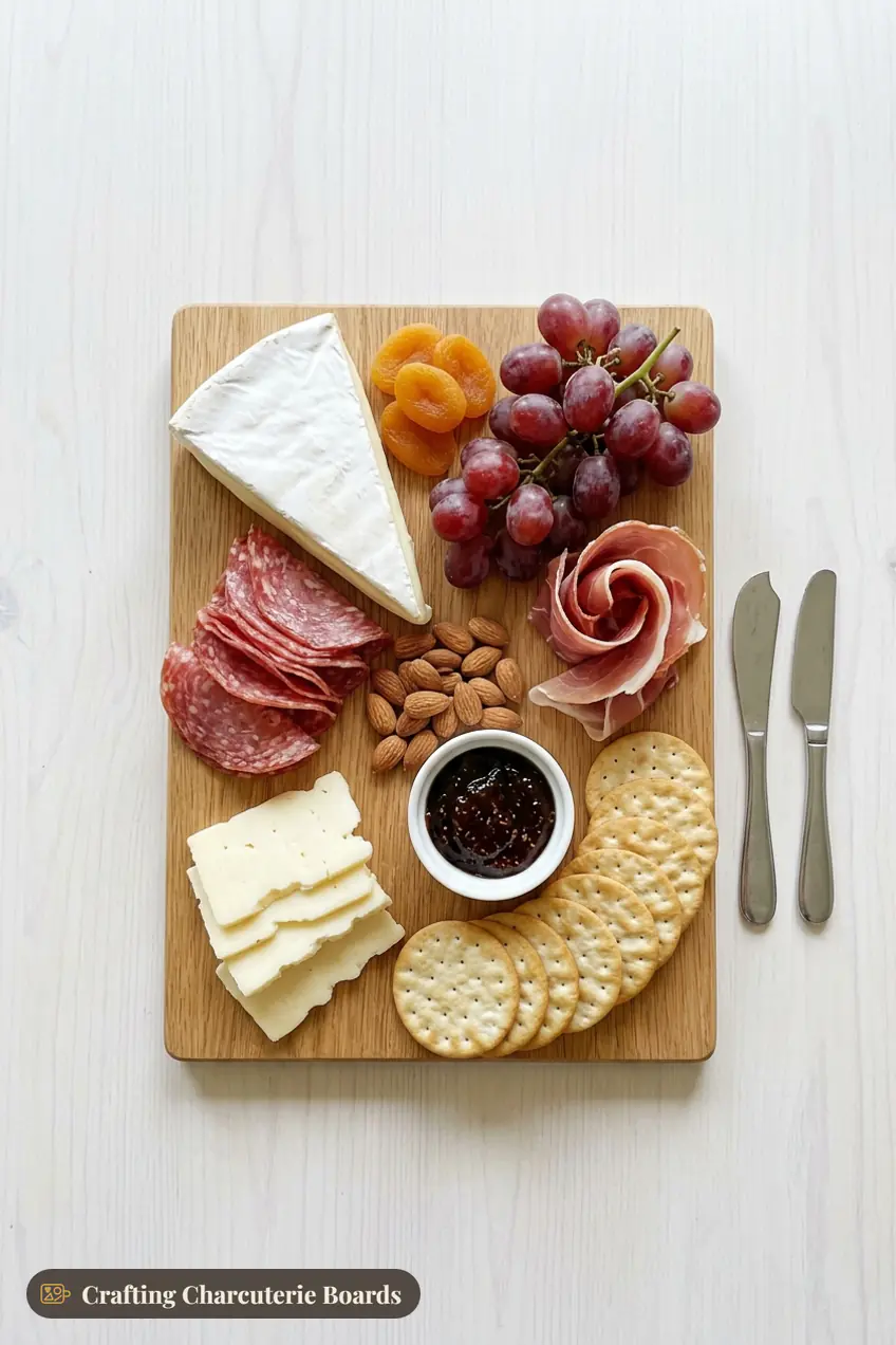 Small charcuterie board for two with brie, white cheddar, salami, prosciutto, grapes, apricots, almonds, fig jam and crackers
