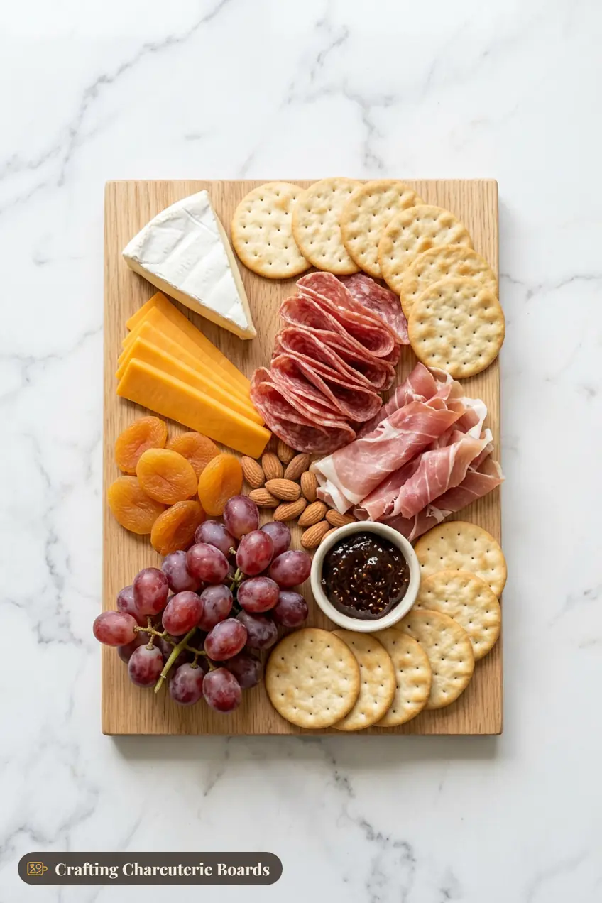 Small charcuterie board for two with brie, sharp cheddar, salami, prosciutto, grapes, apricots, almonds, fig jam and crackers