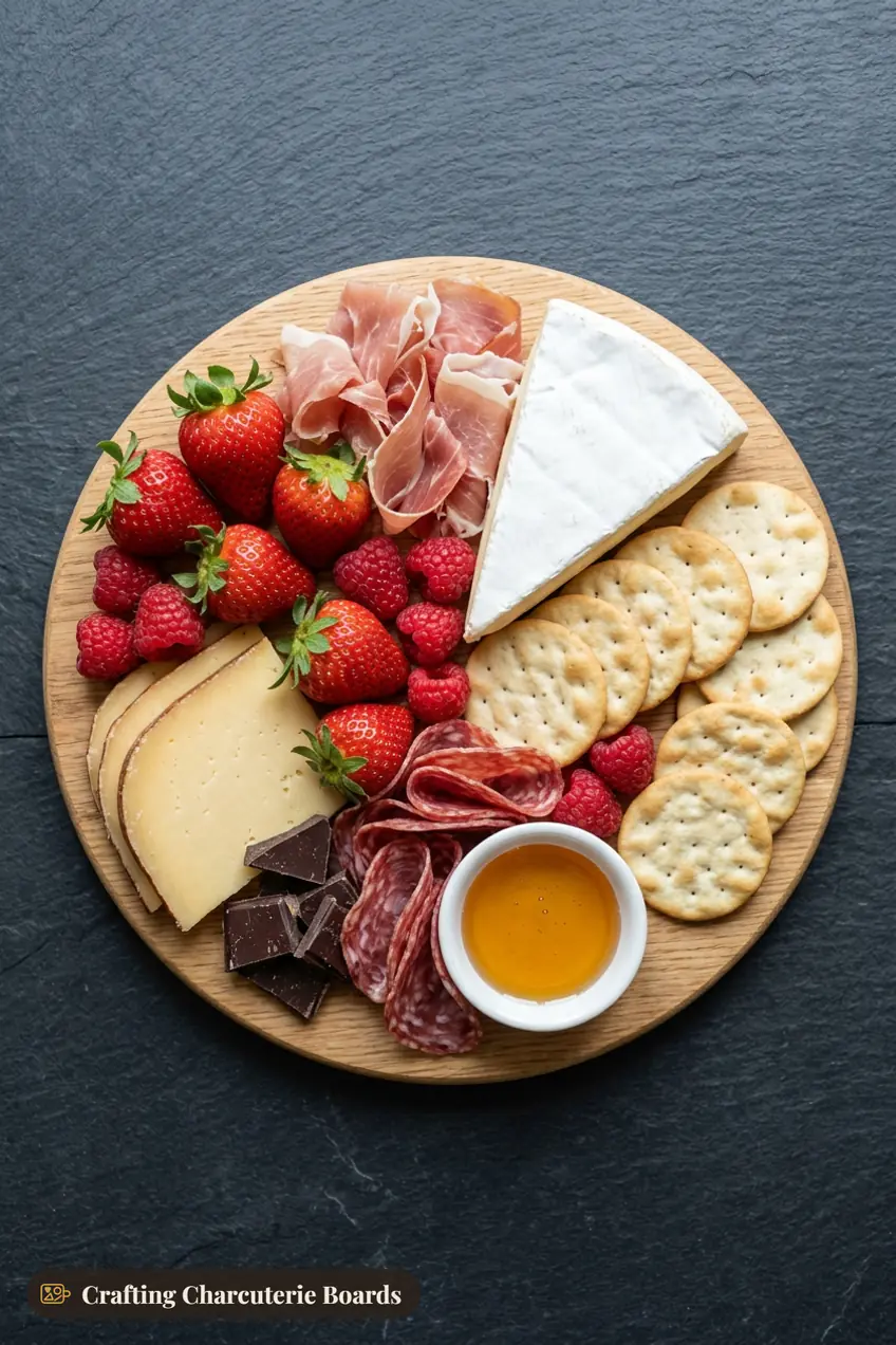 Date night charcuterie board with brie, gouda, prosciutto, soppressata, strawberries, raspberries, dark chocolate and honey